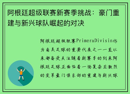 阿根廷超级联赛新赛季挑战：豪门重建与新兴球队崛起的对决